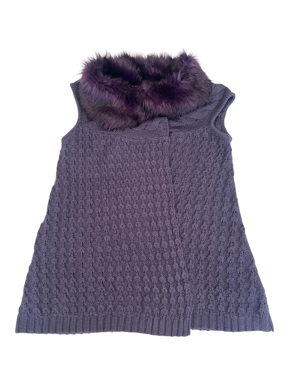 JohnPaulRichard Purple SzS Sleevelss Cable Knit Sweater Vest Faux Fur Collar GUC